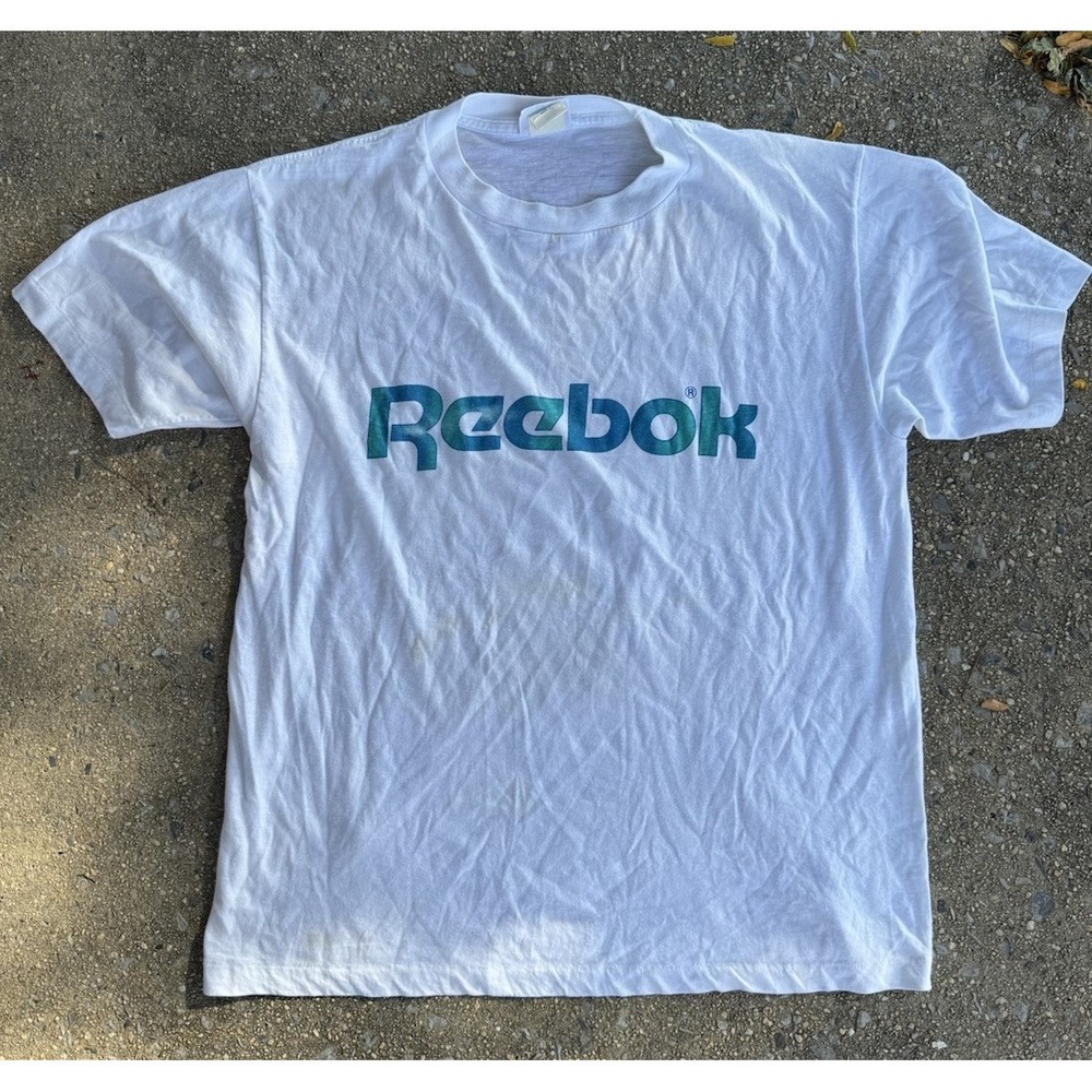 Vintage Reebok T Shirt Mens One Size White Teal Gradient Logo Made in USA 80s 90